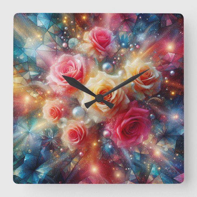 Abstract Glitter Roses Square Wall Clock (Front)