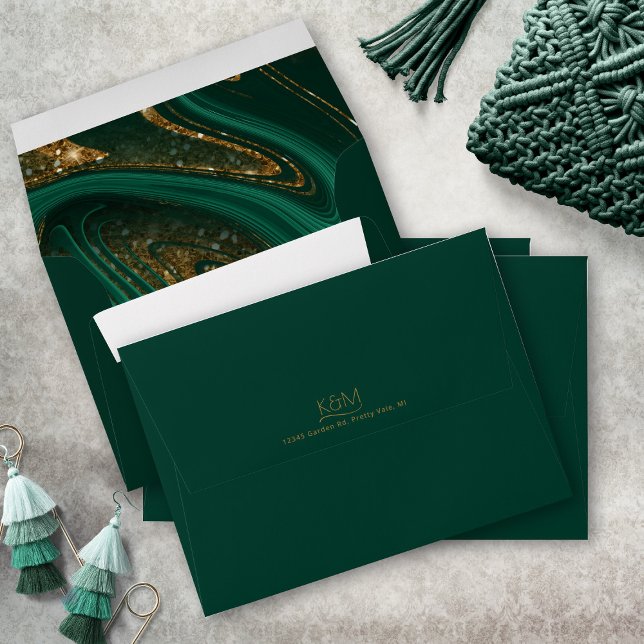 Abstract Glitter Strata Wedding Dk Green ID903 Envelope (Interior/Back In Situ)