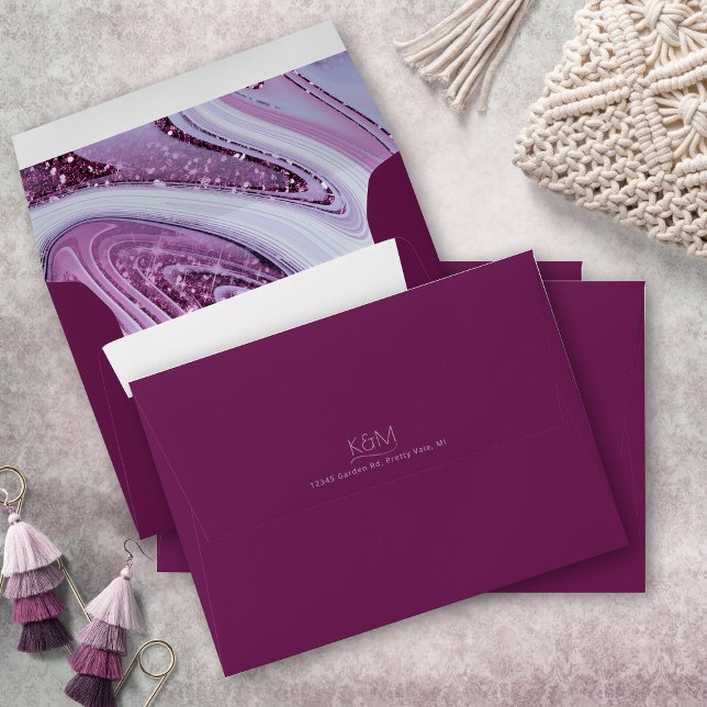Abstract Glitter Strata Wedding Dk Plum ID903 Envelope (Interior/Back In Situ)