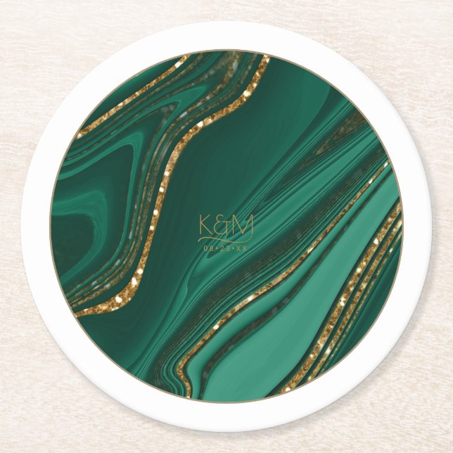 Abstract Glitter Strata Wedding Green ID903 Round Paper Coaster (Front)