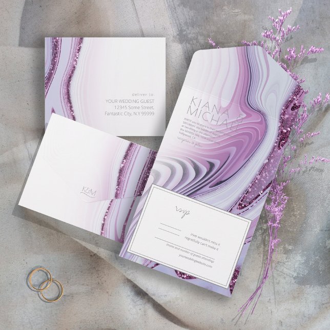 Abstract Glitter Strata Wedding Lilac/Whte ID903 All In One Invitation (Creator Uploaded)