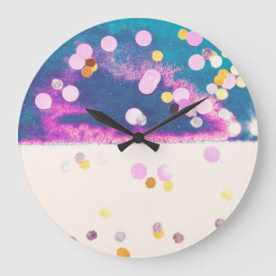 Abstract Glittery Blue Watercolor Splash Large Clock