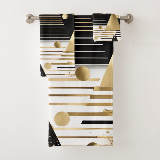 abstract gold and black triangles bath towel set (Insitu)