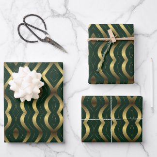 Abstract Gold And Emerald Green Wavy Stripes Wrapping Paper Sheet