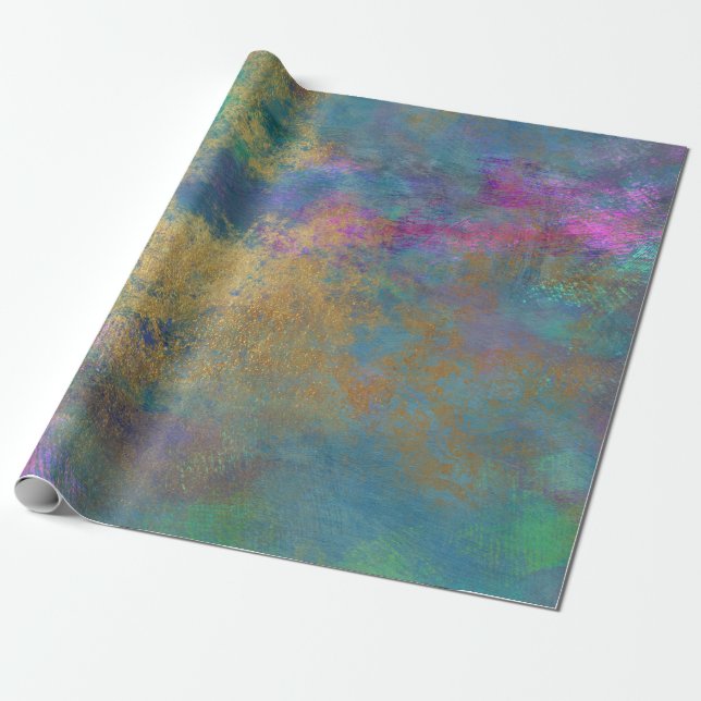 Abstract Gold and Pink on Blue Wrapping Paper (Unrolled)