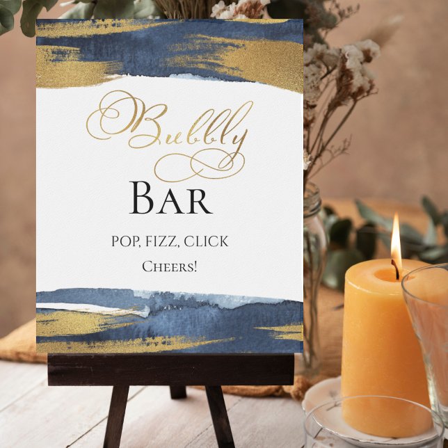 Abstract Gold Blue Bridal Shower Bubbly Bar Sign (Creator Uploaded)