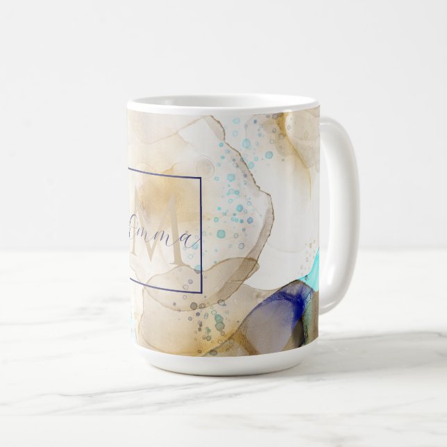 Abstract Gold Blue Fluid Art Painting Coffee Mug (Front Right)