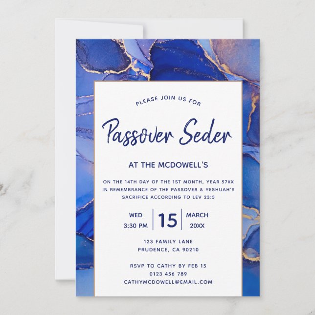 Abstract Gold Blue Modern Passover Seder Invitation (Front)