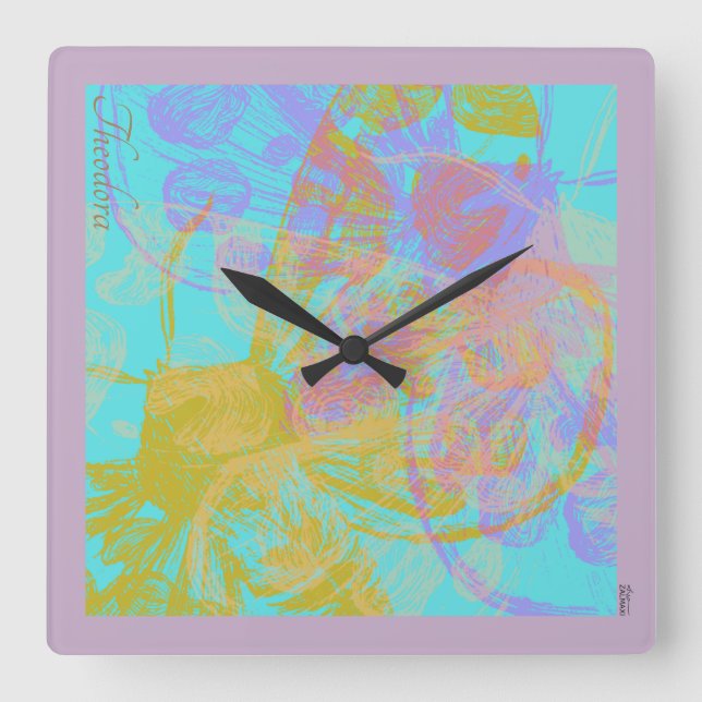 Abstract Gold Butterfly Aquamarine Violet Square Wall Clock (Front)
