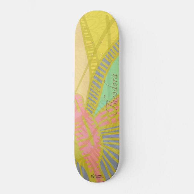 Abstract Gold Butterfly Jad Pink Pattern Skateboard (Front)