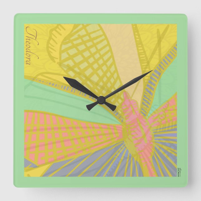 Abstract Gold Butterfly Jade Pink Square Wall Clock (Front)