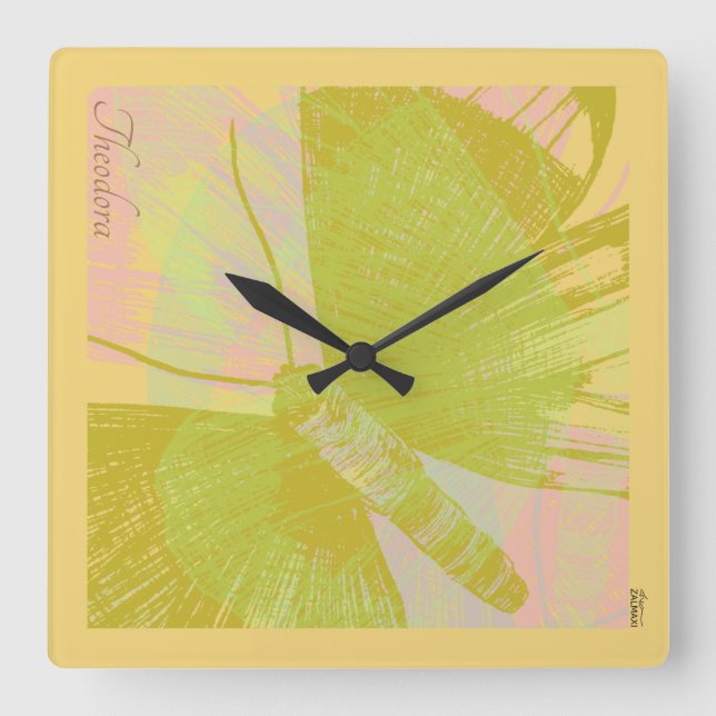 Abstract Gold Butterfly Pink Violet Pastel Square Wall Clock (Front)