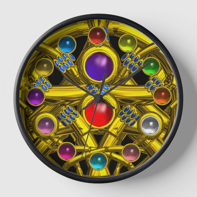 ABSTRACT GOLD CELTIC KNOTS WITH COLORFUL GEMSTONES CLOCK (Front)