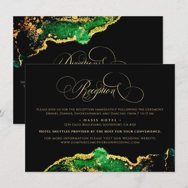 Abstract Gold Emerald Green Reception Directions  Enclosure Card (Front/Back)
