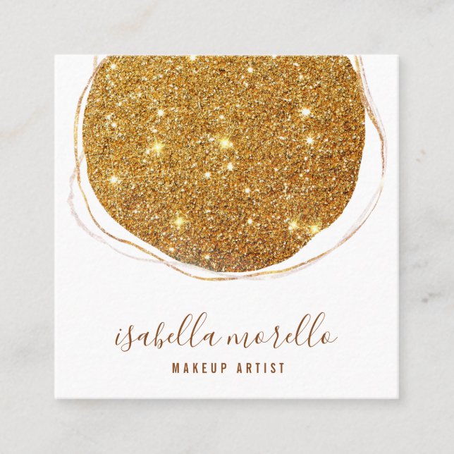 Abstract Gold Glitter Script Name Makeup Artist Square Business Card (Front)