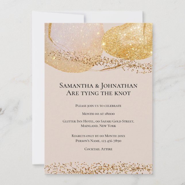 Abstract gold glitter shapes modern budget wedding invitation (Front)