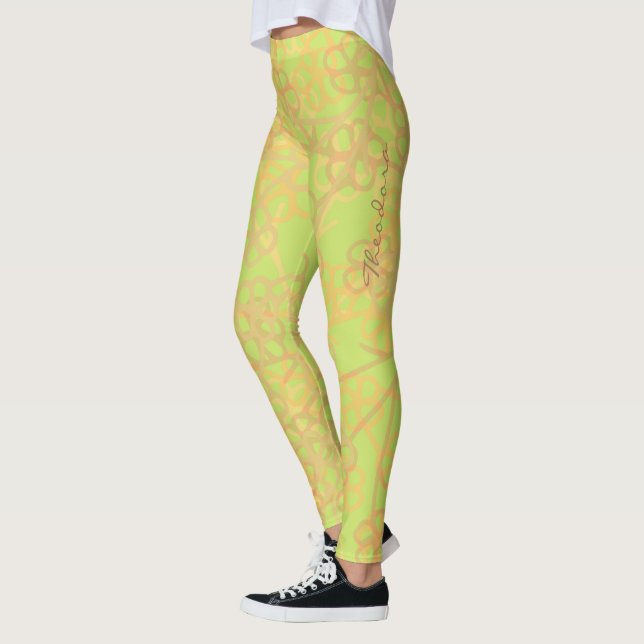 Abstract Gold Green Floral Pattern Leggings (Left)