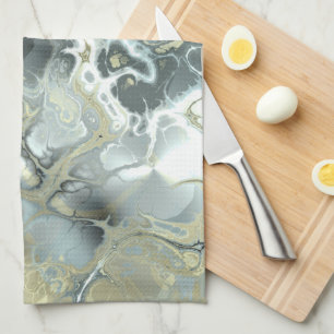 Abstract Gold & Grey Marble Stone Fluid Texture Tea Towel