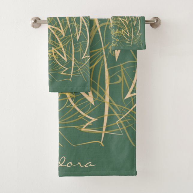 Abstract Gold Leaf Green Background Bath Towel Set (Insitu)