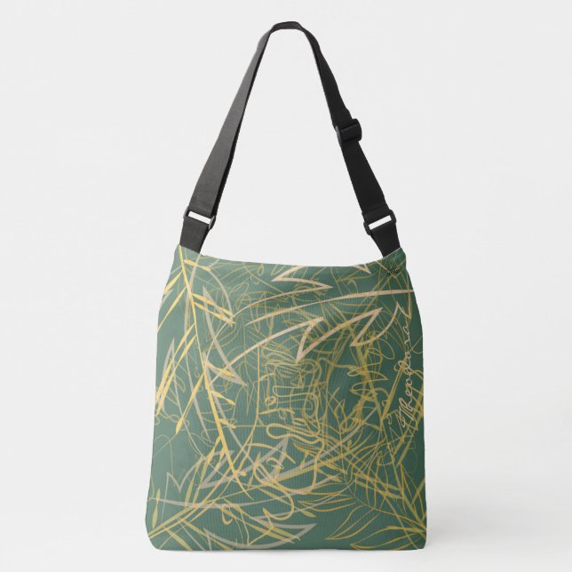 Abstract Gold Leaf Green Background Crossbody Bag (Front)