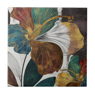 Abstract Gold Line Floral Art with Bold Petals Ceramic Tile