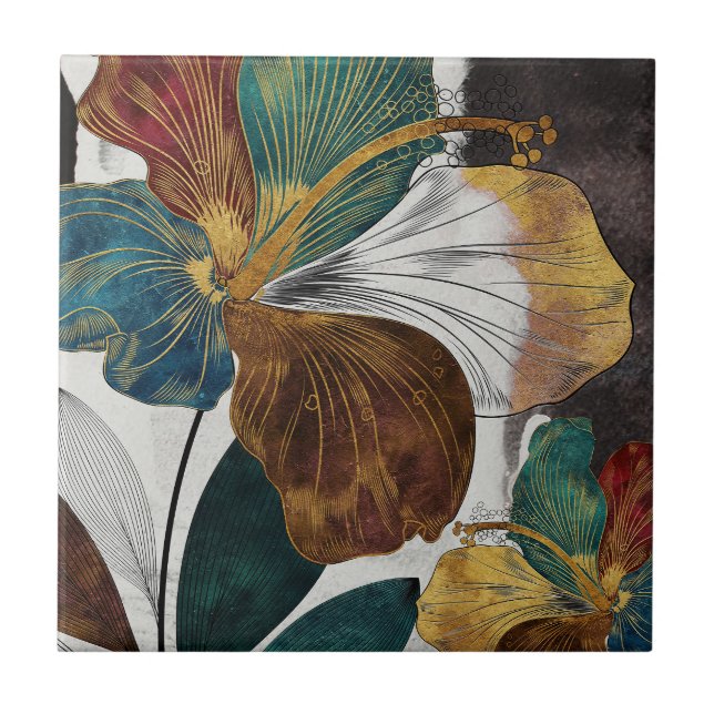 Abstract Gold Line Floral Art with Bold Petals Ceramic Tile (Front)