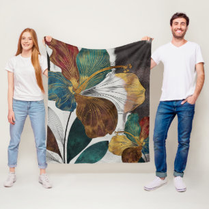 Abstract Gold Line Floral Art with Bold Petals Fleece Blanket