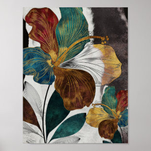 Abstract Gold Line Floral Art with Bold Petals Poster