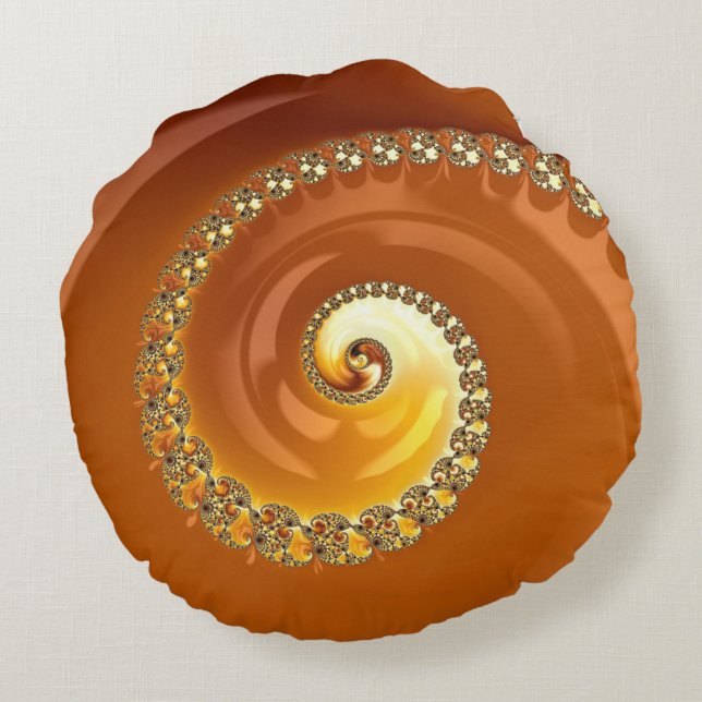 Abstract Gold Orange Gradient Spiral Fractal Round Cushion (Back)