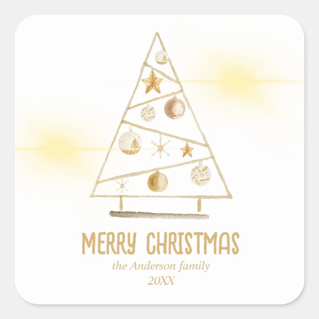 Abstract Gold Ornaments Tree Merry Christmas Square Sticker (Front)