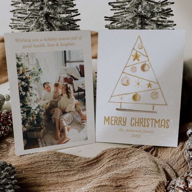 Abstract Gold Ornaments Tree Photo Merry Christmas Holiday Card (Creator Uploaded)