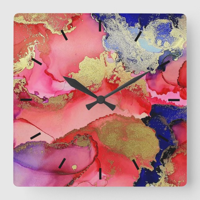 Abstract Gold Red Blue Square Wall Clock (Front)
