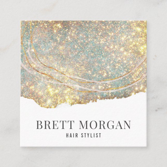 Abstract Gold Sparkle Glitter Hair Stylist Square Business Card (Front)