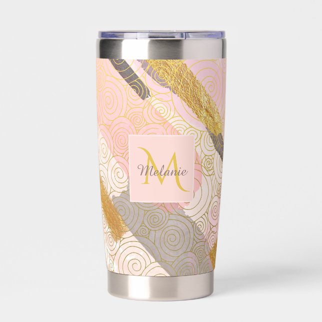 Abstract Gold Stripes and Pink Swirls Personalised Insulated Tumbler (Front)