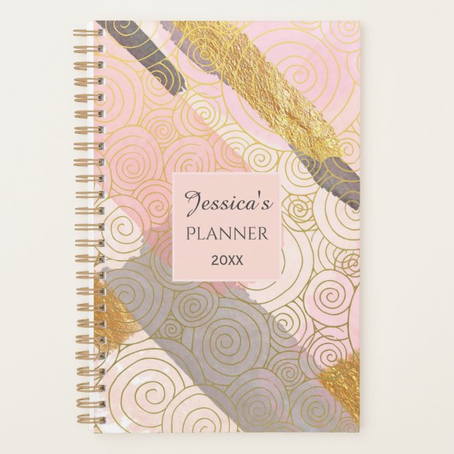 Abstract Gold Stripes and Pink Swirls Personalised Planner (Front)