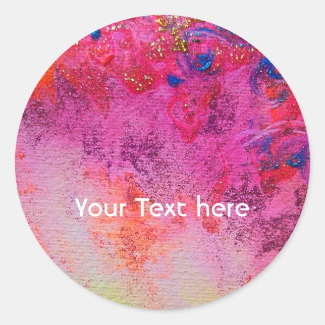 ABSTRACT GOLD SWIRLS ,PINK FUCHSIA RED BLUE FLORAL CLASSIC ROUND STICKER (Front)
