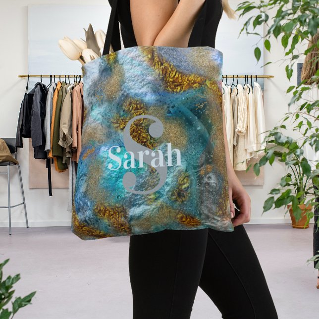 Abstract Gold Teal Faux Foil Glitter Name Monogram Tote Bag (Creator Uploaded)