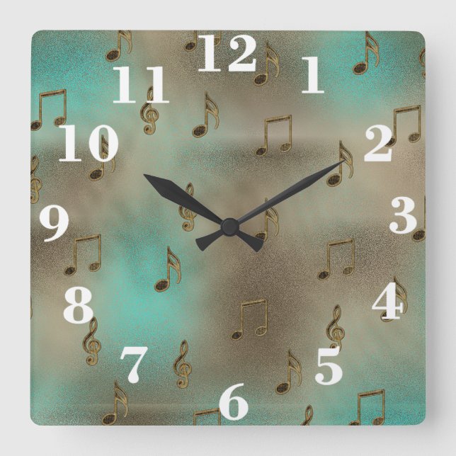 Abstract Gold & Teal Musical Notes Pattern Square Wall Clock (Front)