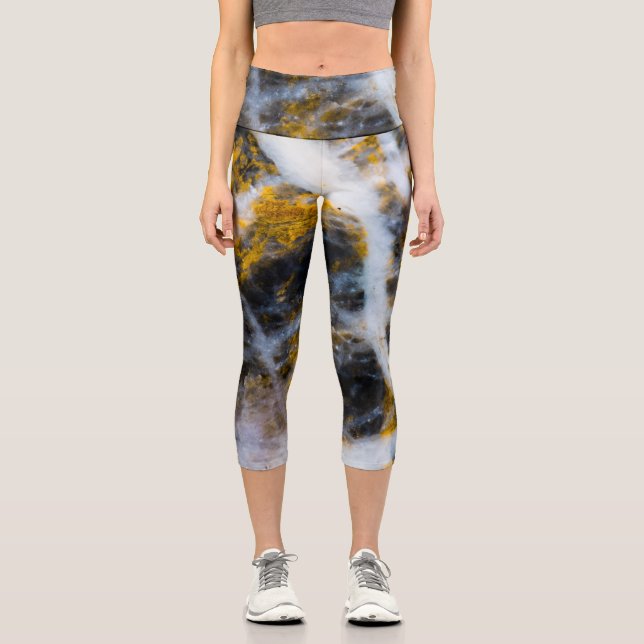 Abstract gold white lines rocky texture capri leggings (Front)