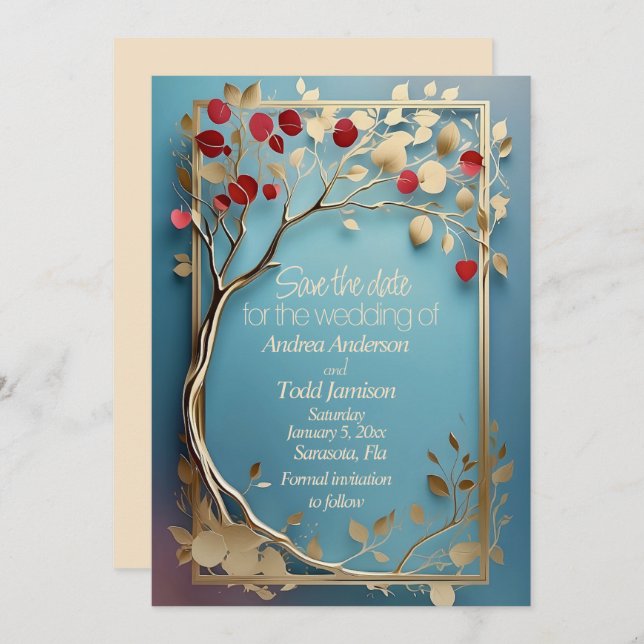 Abstract golden apple tree tree wedding save the date (Front/Back)