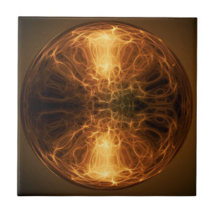 Abstract Golden Fire Light Fractal Waves Ball Ceramic Tile