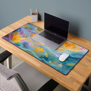Abstract Golden Lotus Floating Flowers  Desk Mat