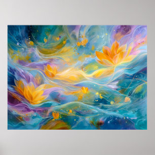 Abstract Golden Lotus Floating Flowers  Poster