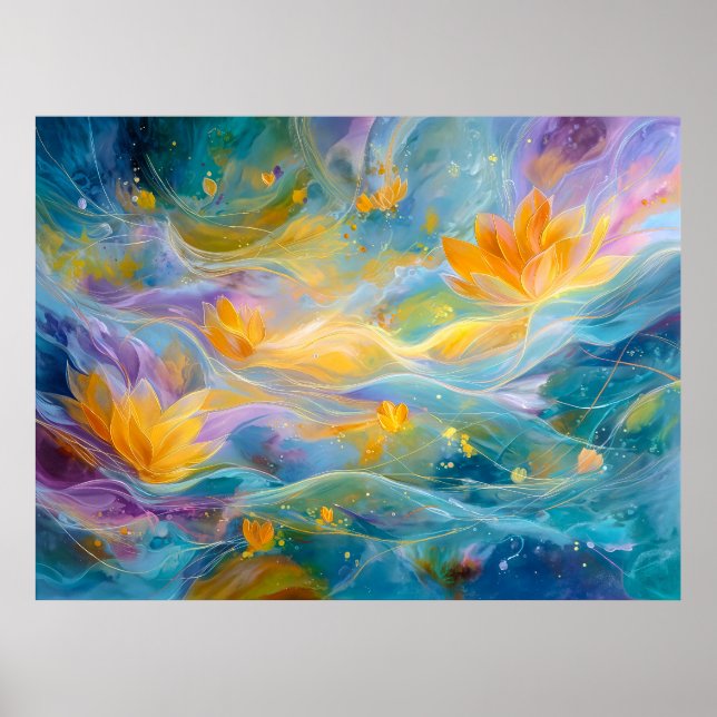 Abstract Golden Lotus Floating Flowers  Poster (Front)