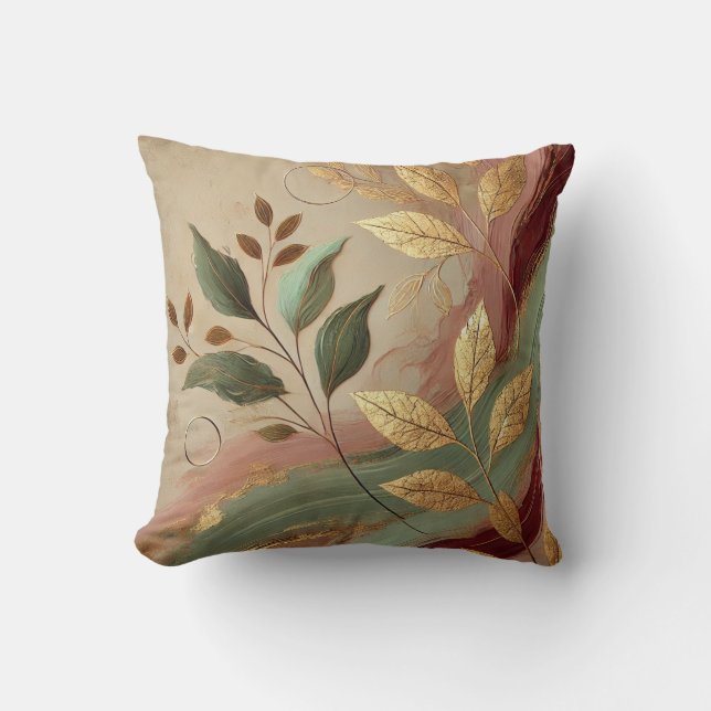 Abstract Golden-Olive Leaf Artwork Style 5 Cushion (Front)