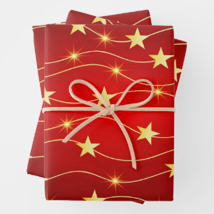Abstract Golden Stars Christmas Red Wrapping Paper Sheet