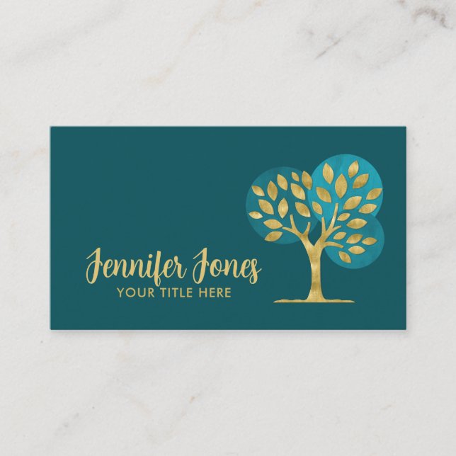 Abstract Golden Tree with watercolor circles Business Card (Front)