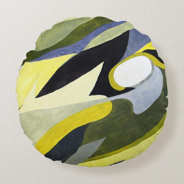 Abstract Gouache Composition: Yellow, Grey, Black. Round Cushion (Front)