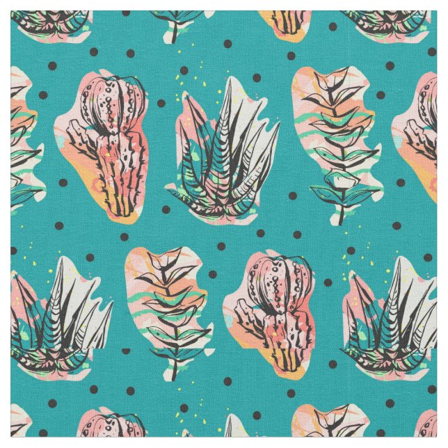 Abstract Graphic Cactus Succulent Pattern Fabric (Close Up)