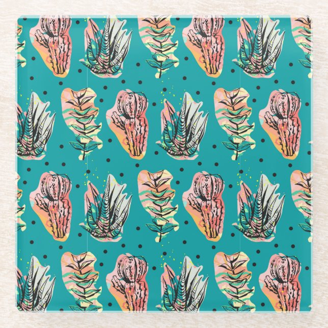 Abstract Graphic Cactus Succulent Pattern Glass Coaster (Front)